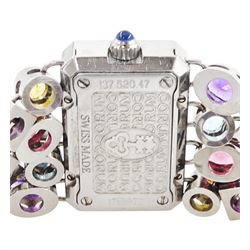 Corum Potpourri ladies stainless steel multi gemstone set quartz wristwatch, Ref. 137.520.47, serial No. 1710972, pink mother of pearl dial, diamond set bezel, on a multi gemstone set bracelet