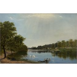 James Roberts RBA (British 1837-1909): 'Waterloo Lake Roundhay Park Leeds', oil on canvas signed and dated 1872, 80cm x 120cm
Notes: Roberts a neglected Yorkshire artist, was baptised at St Peter's, Leeds, son of Samuel and Sarah Roberts. He exhibited eight works at the Royal Society of British Artists in Suffolk Street London. A member of the Ipswich Art Club 1889-1891 and  in 1889 he exhibited five pictures from 11 Park View, Potternewton, an area of Leeds bounded by Roundhay Park, including 'Early Morning on the Gipping', the River Gipping runs from Ipswich through Stowmarket. In 1890 he exhibited four pastels including 'Bolton Abbey on the Wharfe' and 'Druid Circle, Keswick'. He died at Leeds in 1909