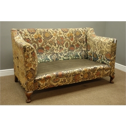  Late 19th century oak framed two seat sofa, drop end with brass handle, upholstered in Liberty type fabric, W155cm  