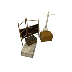Vintage printer's tray, painted dolly washing peg stick, simulated bamboo clothes horse and three vintage wooden boxes (6) 