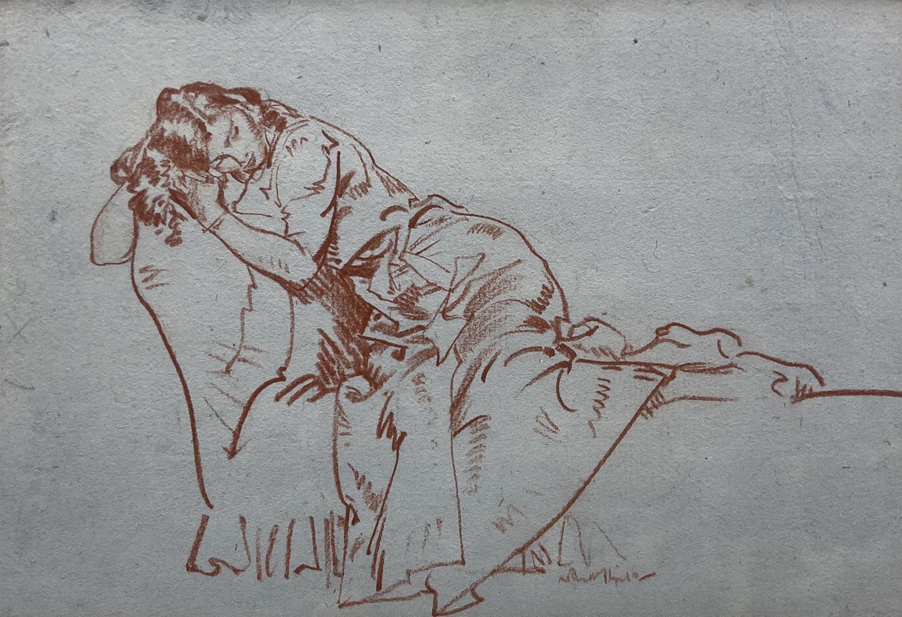 Sir William Russell Flint (Scottish 1880-1969): 'Model Resting', sanguine chalk signed, titled on exhibition label verso 13.5cm x 20cm 
Provenance: private collection; exh. The Fine Art Society, London, November 1900, label verso; with James Alder Fine Art, Hexham, where purchased by the vendor