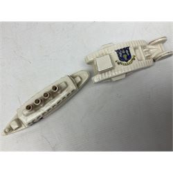 Twelve crested china models of WW1 tanks by Grafton, Arcadian and Carlton china etc with crests from Caistor Lincs, Saffron Walden, Paignton, Evesham etc  , together with a crested china model of the R.M.S Lusitania with New Brighton crest and a two-handled vase for 'The Forts Boxhill' (14)