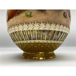 Mid 20th century Royal Worcester potpourri vase and cover decorated by Alan Telford, of ovoid form with inner cover and pierced gilt outer cover with bud finial, upon short gilt circular foot, the body part moulded with basket weave bands in gilt and bronze, and hand painted with a still life of fruit upon a mossy ground, signed Telford, with black printed mark beneath and painted shape number 1286, H25.5cm