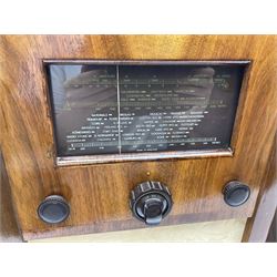1950s Bush AC41 mahogany cased valve radio, 1930s Philips 588A with walnut veneer case, and 1940s Cossor Model 77, tallest H47cm W36cm D24cm