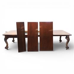 19th century mahogany extending dining table and eight chairs, rectangular top with rounded corners and additional leaves, plain frieze with carved gadrooned edge detail, raised on cabriole supports terminating in ball and claw feet, together with a set of eight mahogany dining chairs including two carvers, the chairs with curved top rails and pierced splats, upholstered drop-in seats, on turned supports

(Table extends to 312cm)