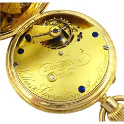 Victorian 18ct gold full hunter keyless lever pocket watch by Walters & George, London, No. 11151, white enamel dial with Roman numerals and subsidiary seconds dial, case by George Henry Hornby, London 1888