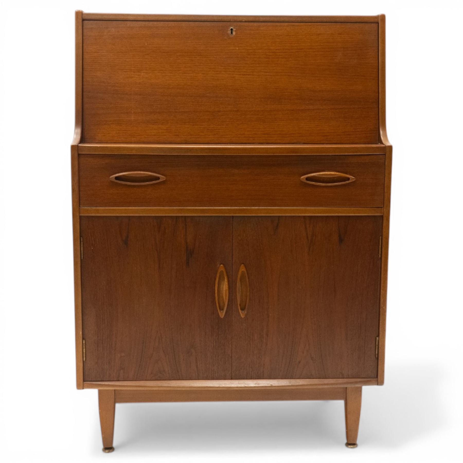 Jentique - mid-20th century teak bureau, fall-front enclosing fitted interior, over single drawer and cupboard fitted with inset handles, on cylindrical tapering feet