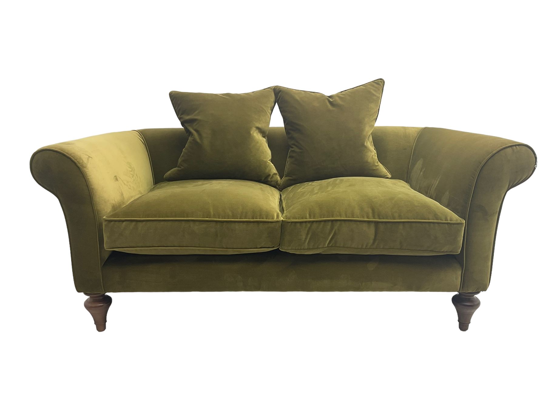 Sofas & Stuff - 'Clavering' two seat sofa upholstered in olive green velvet, scrolled arms, on turned front supports, with matching scatter cushions