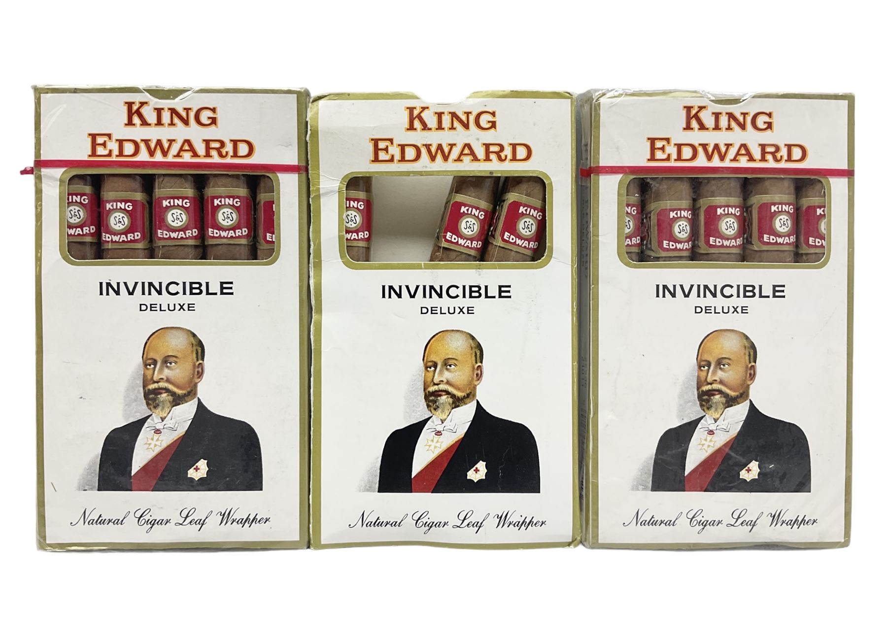 Two sealed packets of King Edward Invincible Deluxe Cigars and another three cigars 