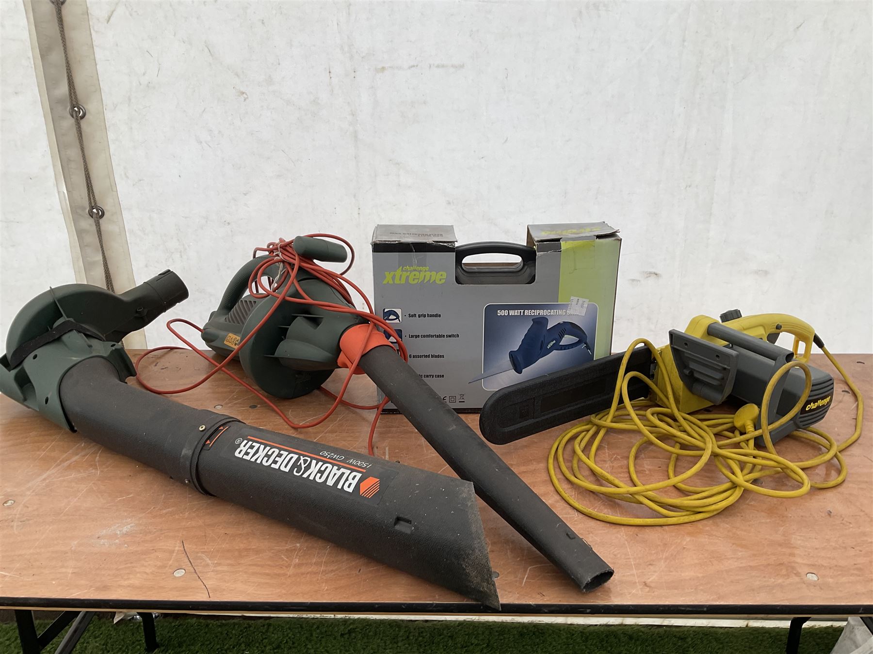 Black and decker 1500W GW250 leaf blower, Challenge Extreme reciprocating saw and Challenge corded chainsaw  - THIS LOT IS TO BE COLLECTED BY APPOINTMENT FROM DUGGLEBY STORAGE, GREAT HILL, EASTFIELD, SCARBOROUGH, YO11 3TX