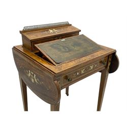 Late Victorian inlaid rosewood writing table, raised back fitted with letter and correspondence rack, hinged and sloped writing surface with leather inset, kidney shaped drop leaf top, single frieze drawer, inlaid with simulated ivory depicting scrolling foliate motifs and putti figures with fruit cornucopias, on square tapering supports with brass and ceramic castors 