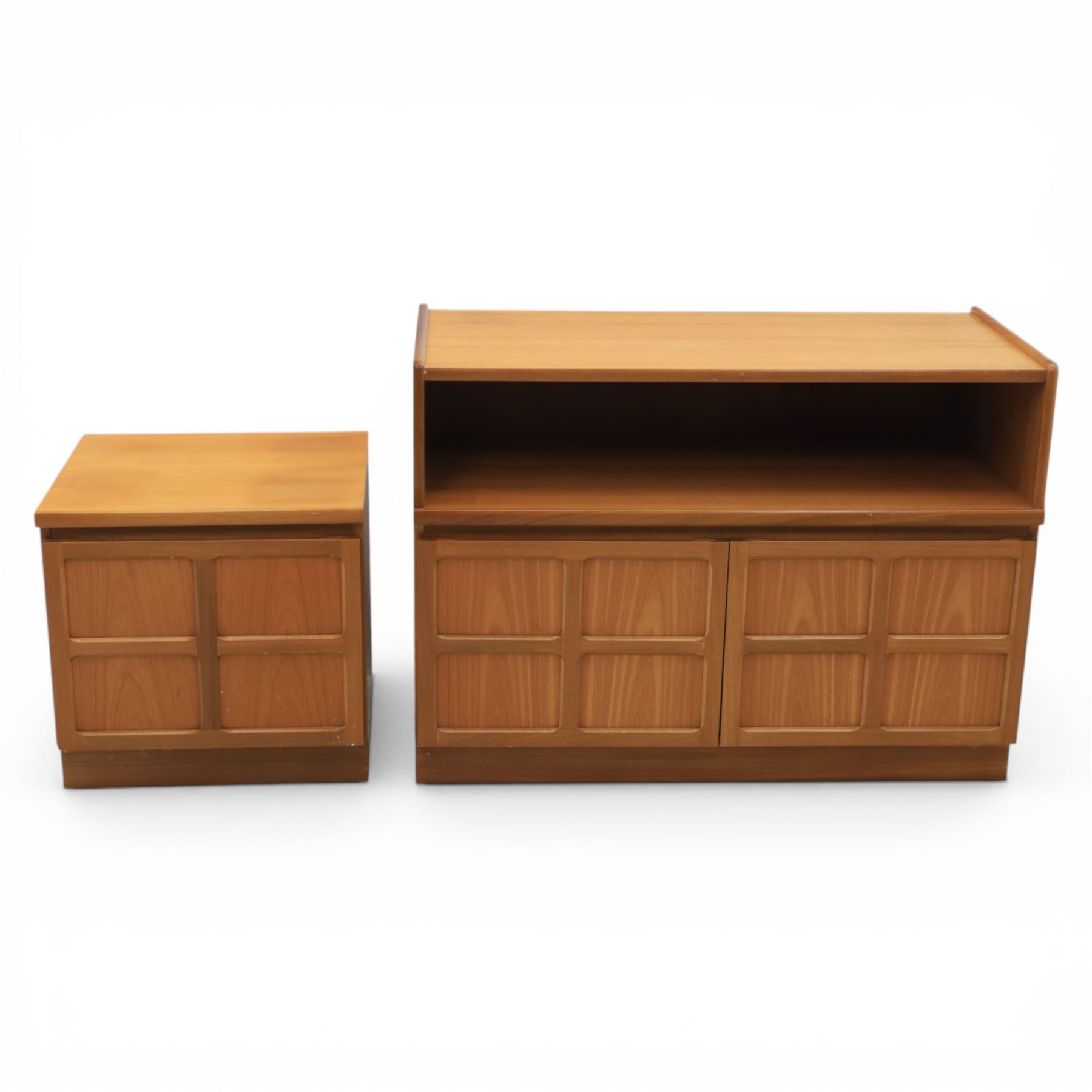 Nathan - teak sideboard and lamp table, both with signature square panelling, raised on a recessed plinth base (Lamp table H 51cm, D 46cm, W 52cm)