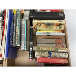Large collection of hardback and paperback books, mainly military books, to include Band of Brothers, Dawn of D-Day, Dessert Warrior, Book of the Somme, Battle of Britain, etc in four boxes  