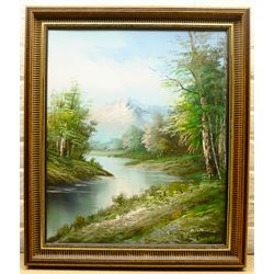 Peter Leslie (British 1877-?): Haytime, oil on canvas signed 40cm x 60cm in swept gilt frame, and a 1970s landscape oil on board 60cm x 50cm (2)