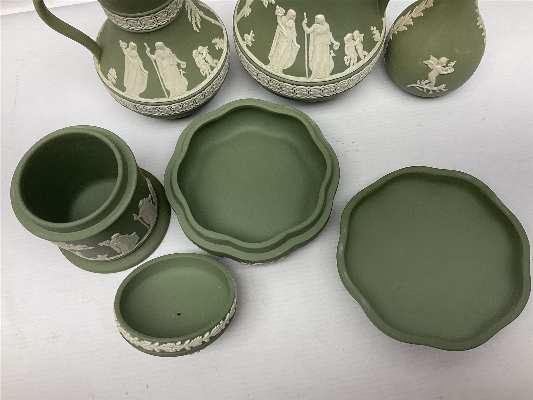 Collection of  Wedgwood green Jasperware, to include large jug, vases, trinket dishes, etc together with two teal Jasperware vases 