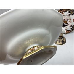 Devonport imari pattern comport set, comprising two tall comports and three low comports, together with twin handled pedestal ovoid vase, decorated with landscape with gilt swan handles, vase H25cm