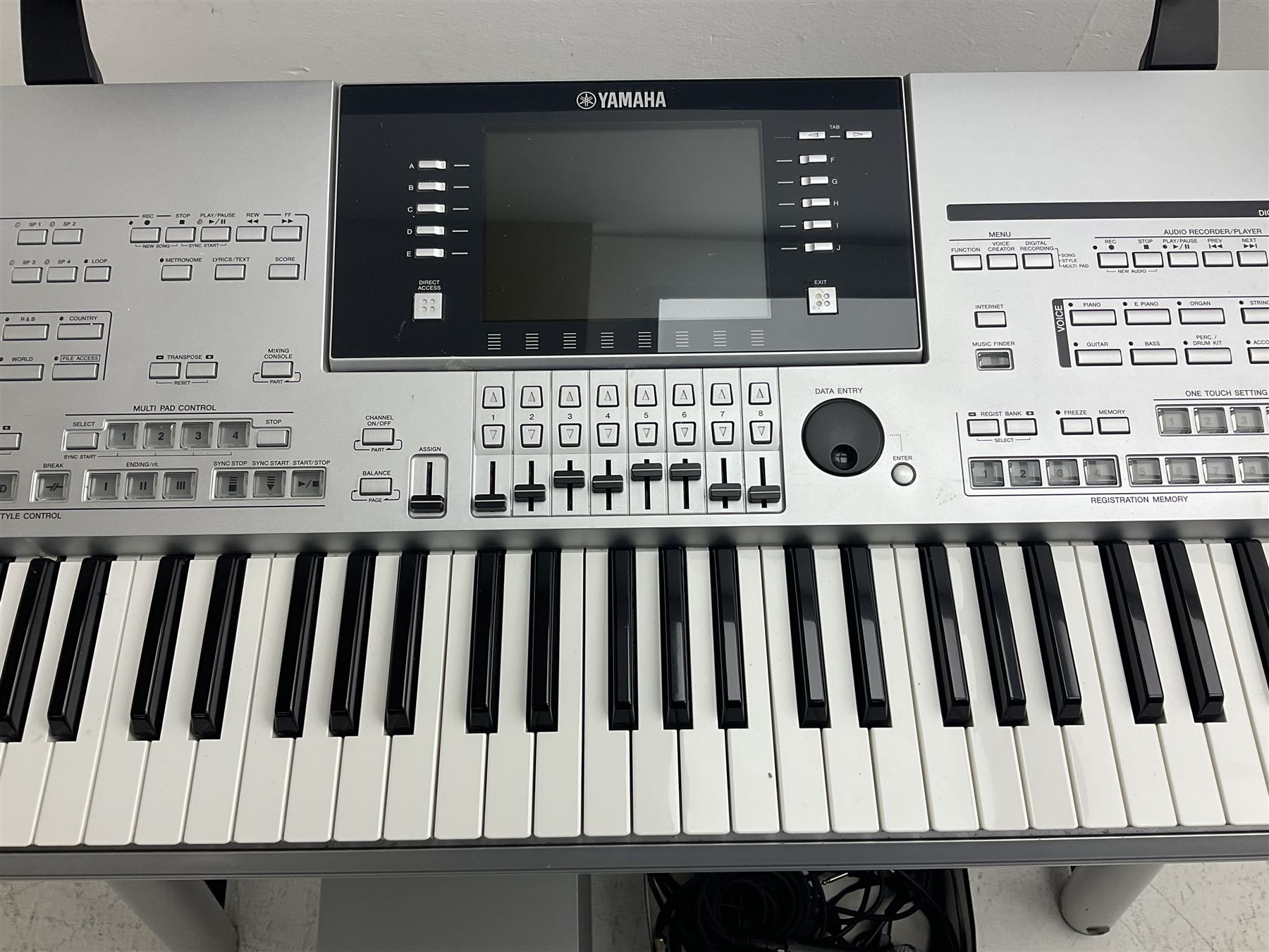 Yamaha Tyros 4 Digital Workstation keyboard with three-piece Option Speaker System TRS-MS04, foot control, various cables and stand; together with a Peavey microphone stand and Shure SM58S microphone