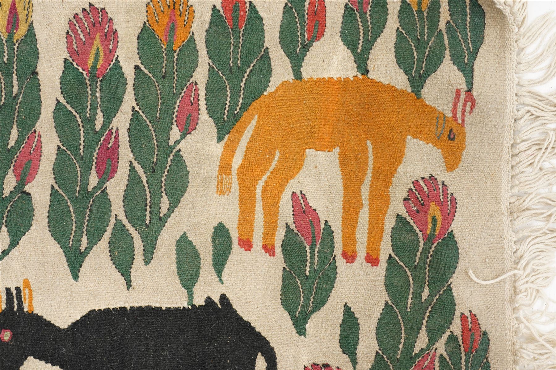 Anatolian pictorial folk art wall hanging or rug, depicting several mountain goats, flamingo and flowers, signed indistinctly 