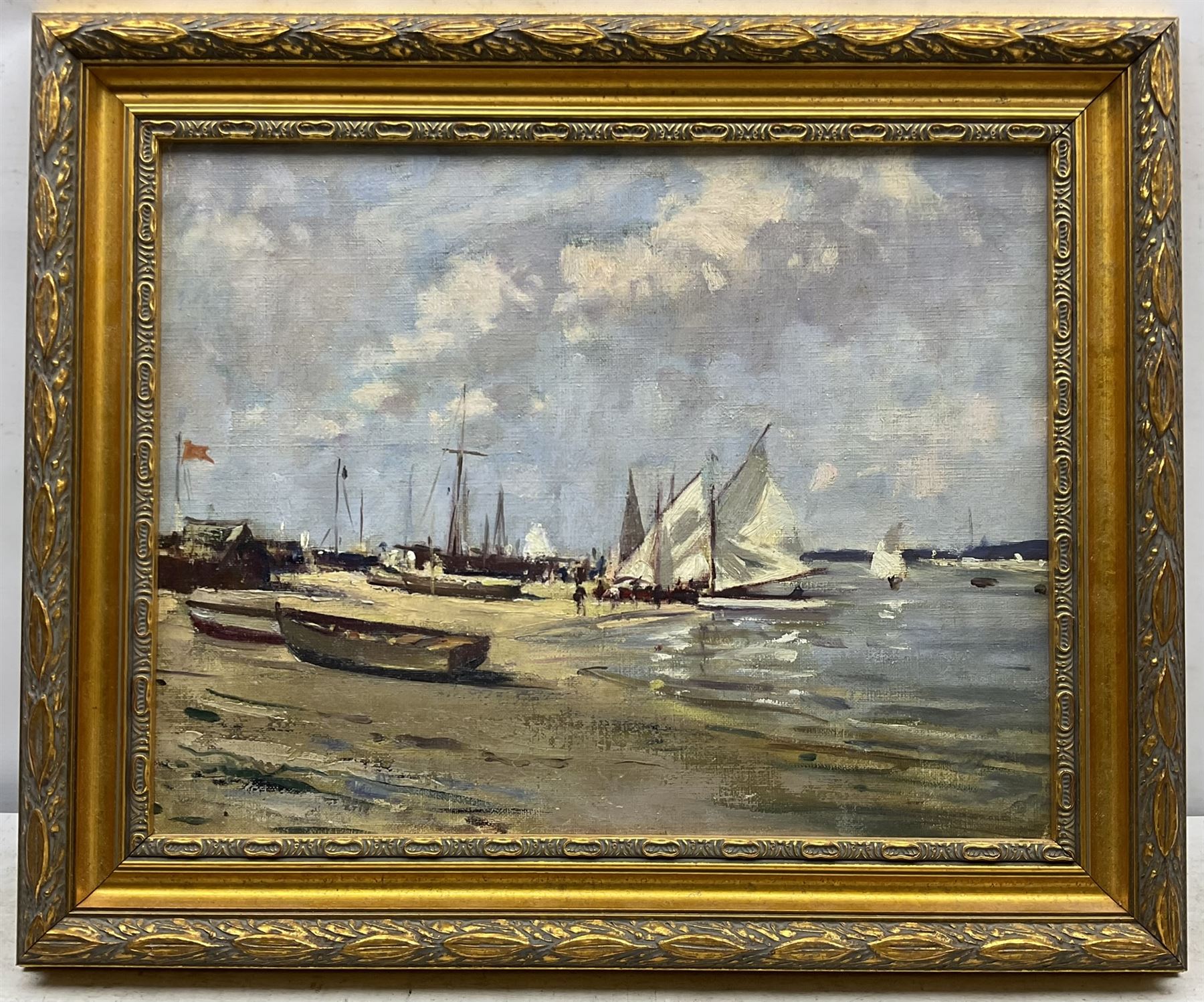 Circle of Edward Seago (British 1910-1974): Yachts on the Beach, oil on canvas unsigned 35cm x 45cm