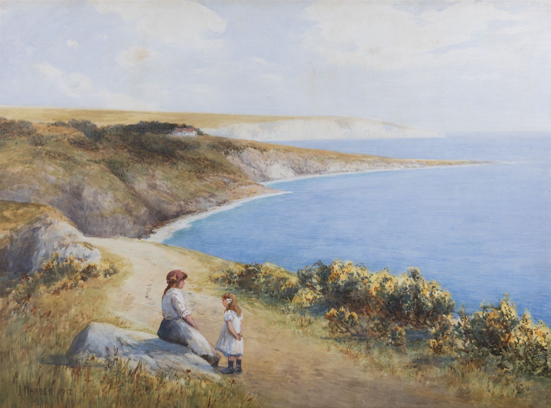 Laurence Warden (British 1879-1953): Mother and Daughter on a Clifftop, watercolour signed and dated 1912, 54cm x 73cm 