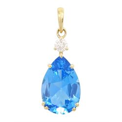 18ct gold blue topaz and diamond pendant, single pear cut Swiss blue topaz of approx 6.60 ...