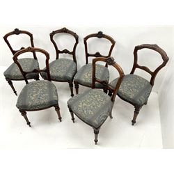 Set six late Victorian mahogany dining chairs, shaped and carved cresting rail, studded upholstered seat, turned tapering supports 