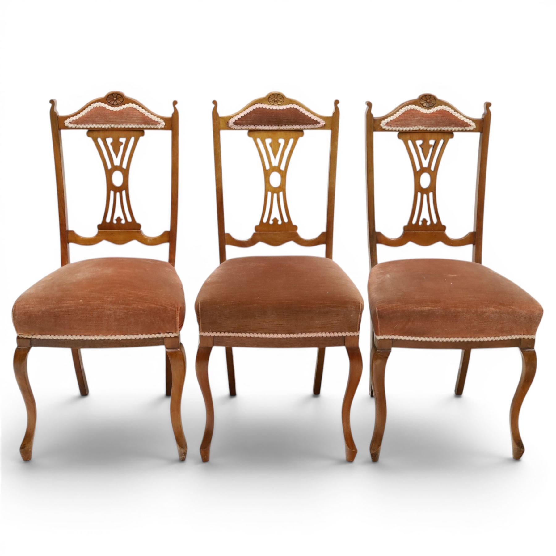 Acornman -Set of four early 19th century mahogany dining chairs and two matching chairs by Alan 'Acornman' Grainger, shaped cresting rail with upholstered top above a pierced splat back, overstuffed pink velvet seat, raised on cabriole supports, two with signature carved acorn, by the workshop of Alan Grainger of Brandsby