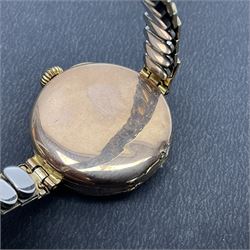 9ct gold jewellery, including rose gold cased ladies wristwatch on gilt stretch strap, pair of small hoop earrings and three other odd hoop earrings