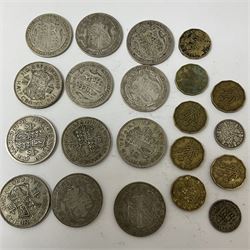 Twelve pre-1947 silver half crown coins, two pre-1947 silver sixpence pieces and a small number of brass threepence coins, weight of pre-1947 silver coinage approximately 170 grams