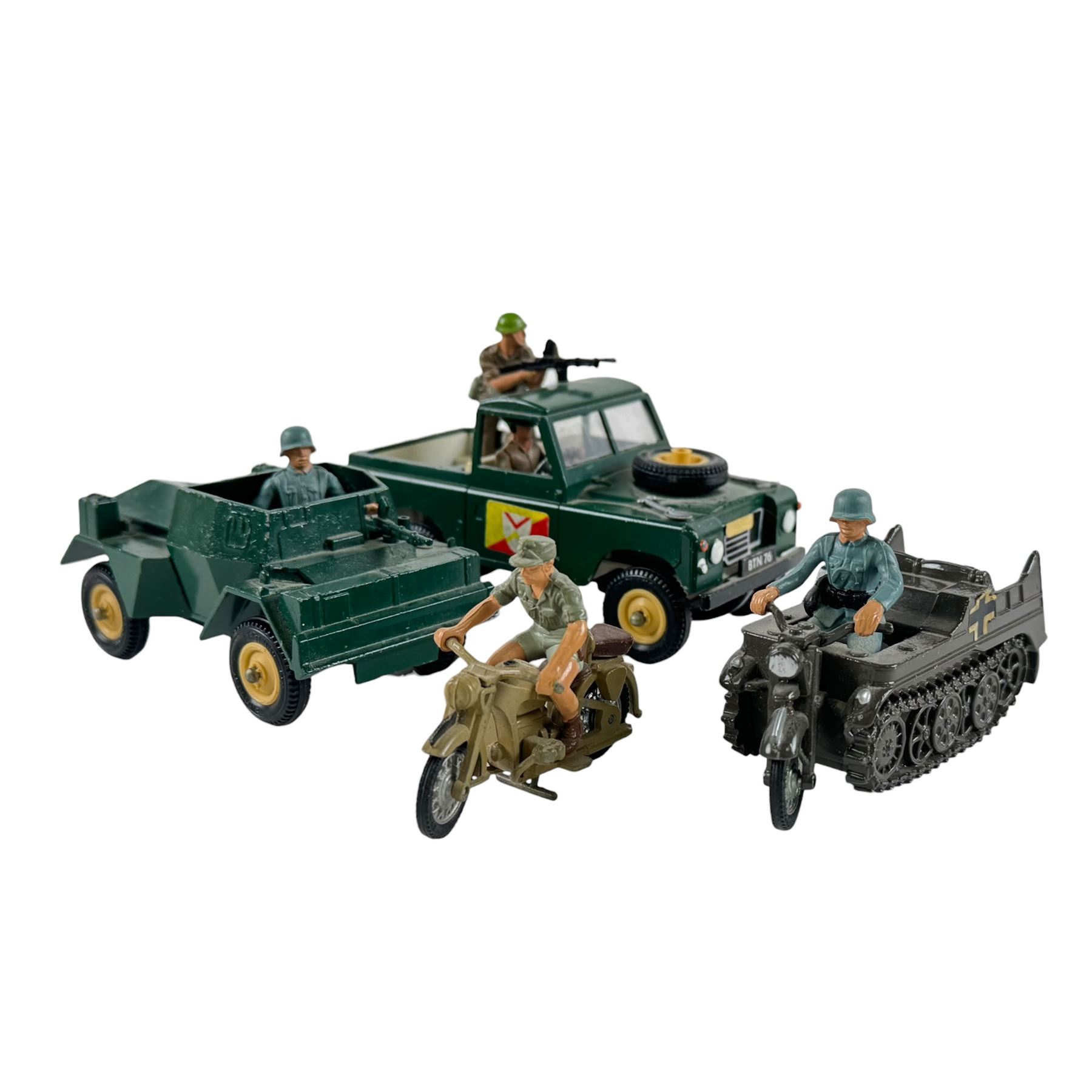 Collection of diecast dumper trucks, lorries, cement mixer, etc including Tonka and Britains examples, together with Britains Deetail soldiers and military vehicles, including SWB Land Rover and Kettenkrad