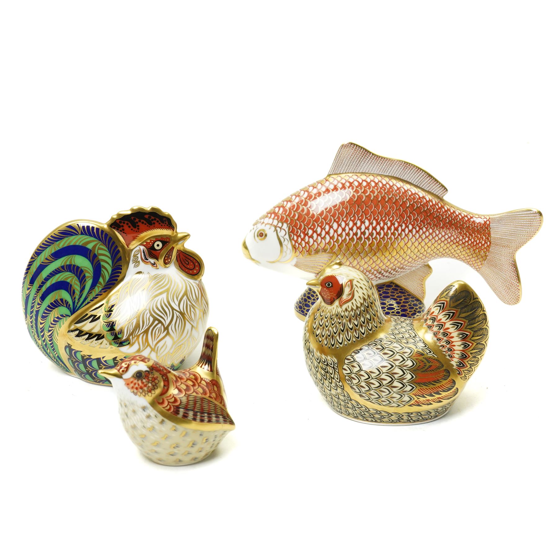 Four Royal Crown derby paperweight comprising Farmyard Cockerel 4504/5000, Farmyard Hen 4115/5000, both boxed and with certificates, Golden Carp and Jenny Wren, all with gold stoppers (4)