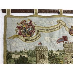 Medieval style German tapestry wall hanging suspended from carved oak pole depicting fairy-tale Rapunzel scene, H126cm W160cm approx 