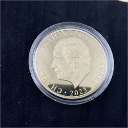 King Charles III 2023 'Coronation Silver Proof Mint Masters Set' comprising Bailiwick of Jersey, Bailiwick of Guernsey and Isle of Man sterling silver proof five pound coins, cased with certificate and Queen Elizabeth II 2019 Bailiwick of Jersey 'Remember With Us' silver two pound and five pound pair, cased with CPM certificate