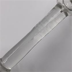 Three 18th century wine glasses comprising a plain stemmed glass with bell shaped bowl and conical folded foot H16cm, another plain stemmed glass with ogee bowl and folded foot and a Continental glass with gilt faceted bowl, decorated with male figure within a landscape, on a clear Silesian seven sided cut stem (3)