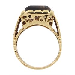 9ct gold single stone emerald cut smoky quartz ring, with pierced design shoulders, hallmarked 