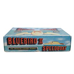Sutcliffe Models tinplate clockwork 'Bluebird' speedboat, in red and cream livery with metallic gold details and applied decals, with key, boxed
