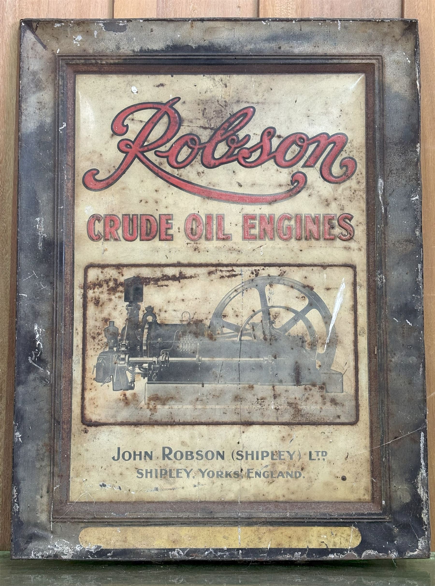 Robson crude oil engines painted tin advertising sign, early 20th century, 46cm x 62cm.  - COLLECTION BY APPOINTMENT FROM: The White House, Thirsk Road, Easingwold, York, YO61 3NF - CALL 01723 507111 TO ARRANGE
