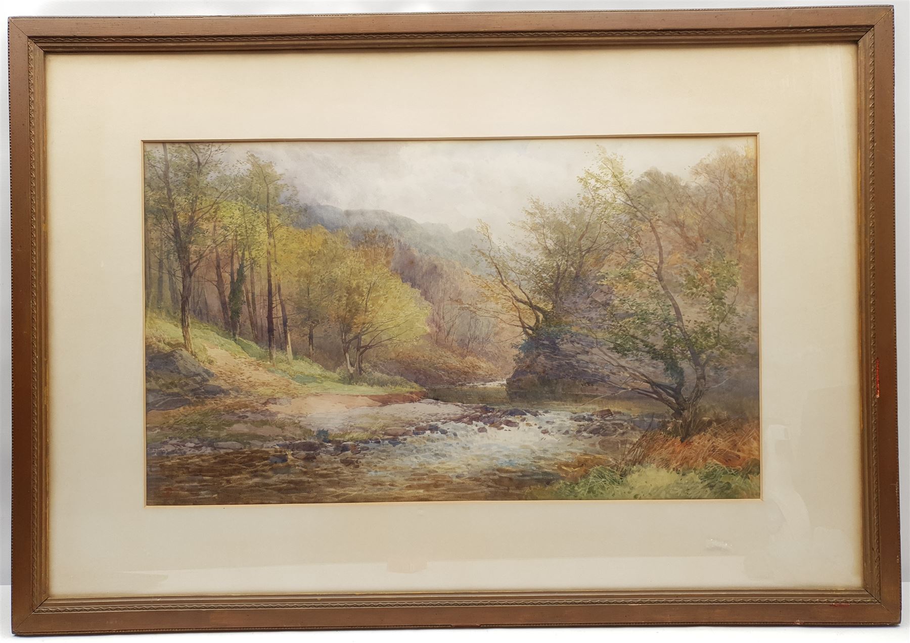 JW (British 19th/20th century): 'In The Gorge Lydford Dartmoor', watercolour signed with monogram, titled on label verso 74cm x 44cm