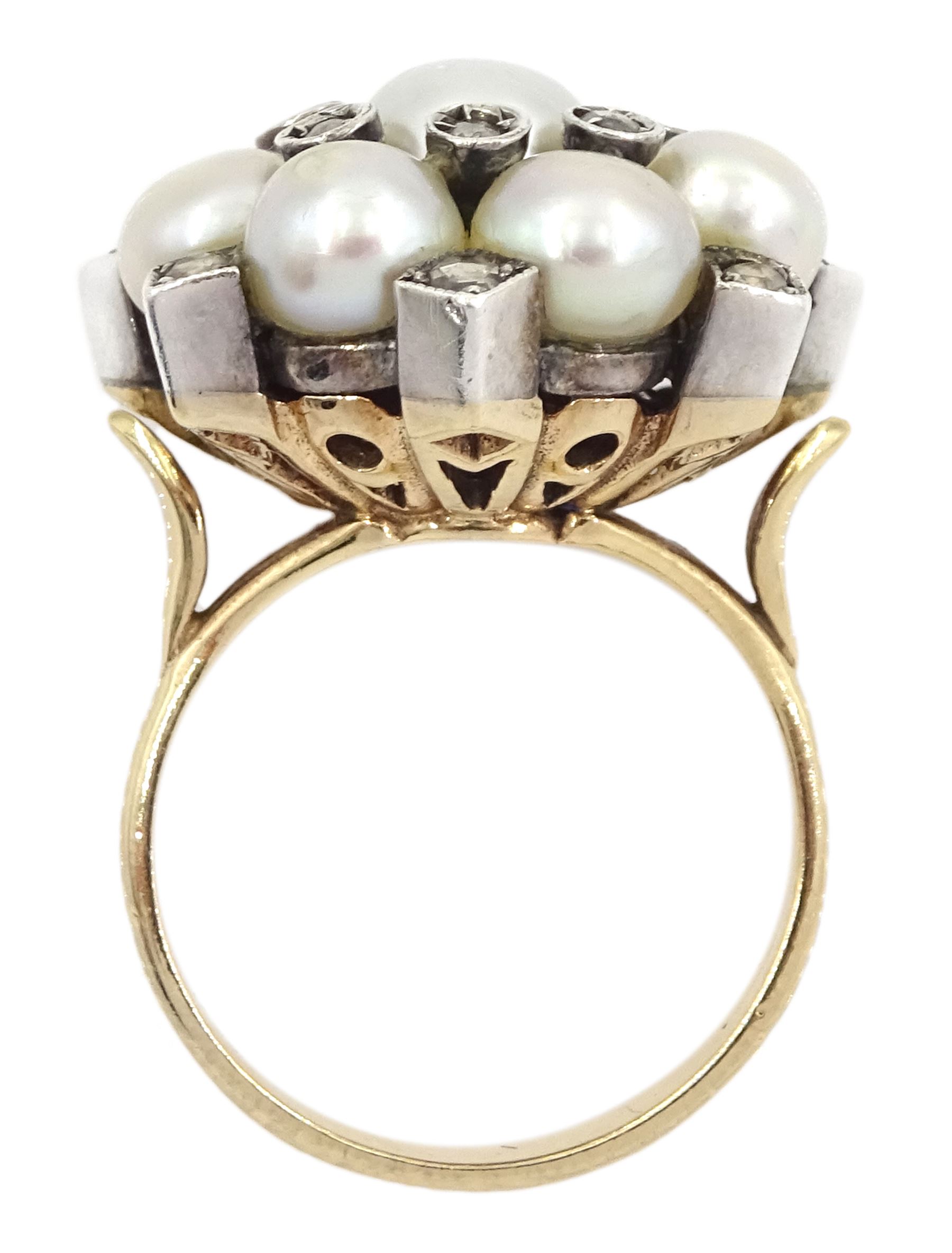 Gold and silver cultured white pearl and rose cut diamond flower head cluster ring, stamped 585