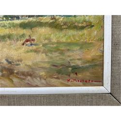 Kamel Moustafa (Egyptian 1917-1982): Goatherd and Flock, oil on panel signed 25cm x 47cm