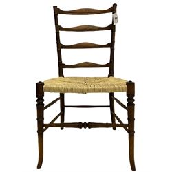 Mid to late 20th century Italian side chair by Chiavari, stained beech, ladder back joined by collar turned upright supports, rush seat, turned supports joined by stretchers