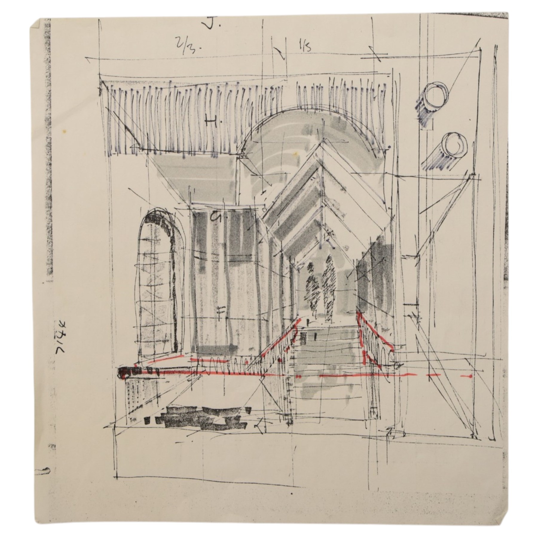 J H McCoy (20th Century): Architectural perspective of Moscow, watercolour heightened with white signed and dated 1989; John S Robinson (British 20th Century): Architectural perspective of a London Building, gouache signed; Architectural perspective of Imperial Chemical Industries Headquarters Slough and an angular interior, two mixed medias unsigned max 54.5cm x 48.5cm (4) (unframed)