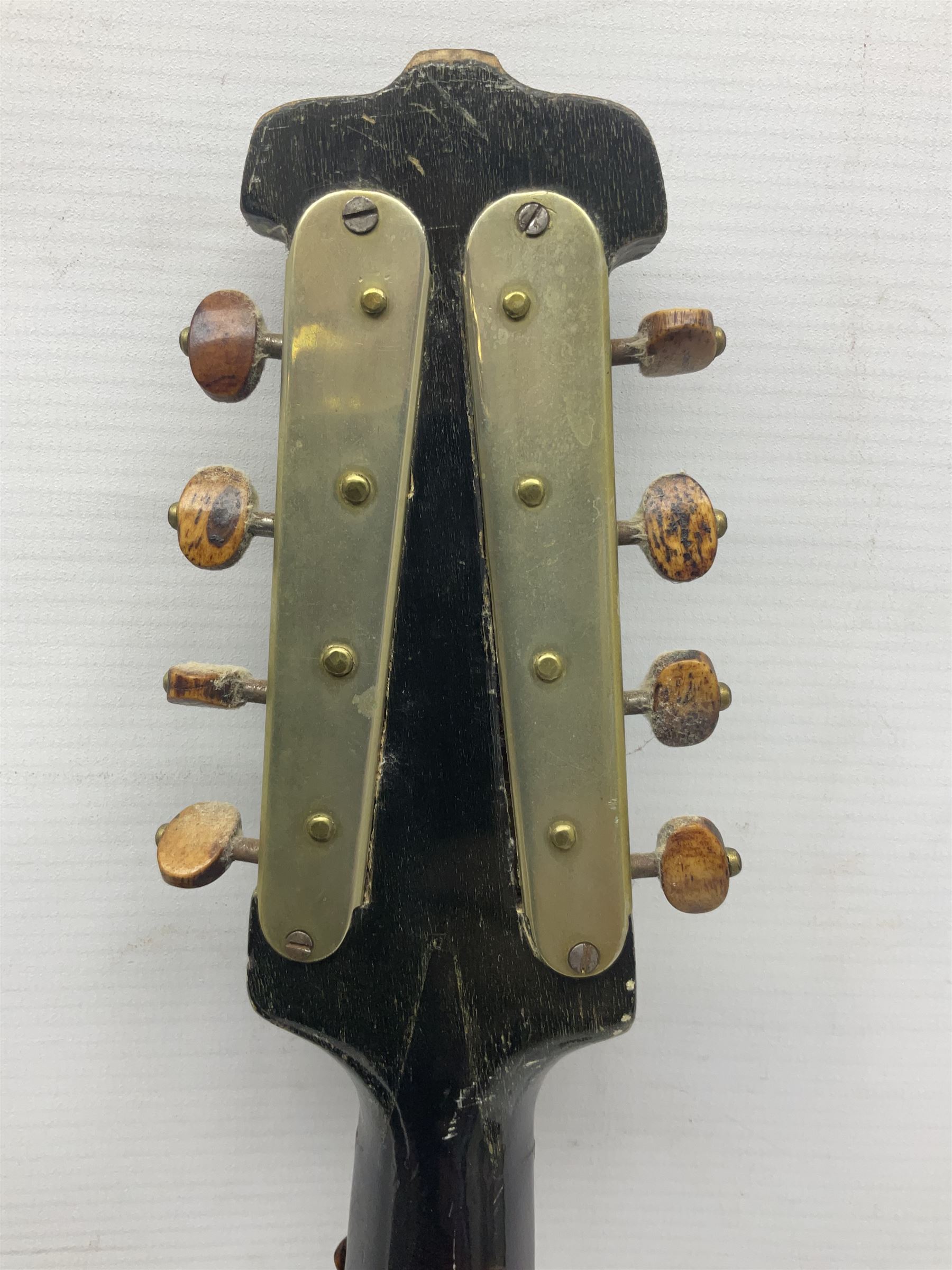 Italian bouzouki type long necked mandolin with segmented lute back and spruce top with tortoiseshell style panels; bears label 'Miroglio & Figli Sicilia Catania Italia' L99cm; and Italian lute back mandolin with segmented back and spruce top bearing label for F. De Mureda Napoli (2)