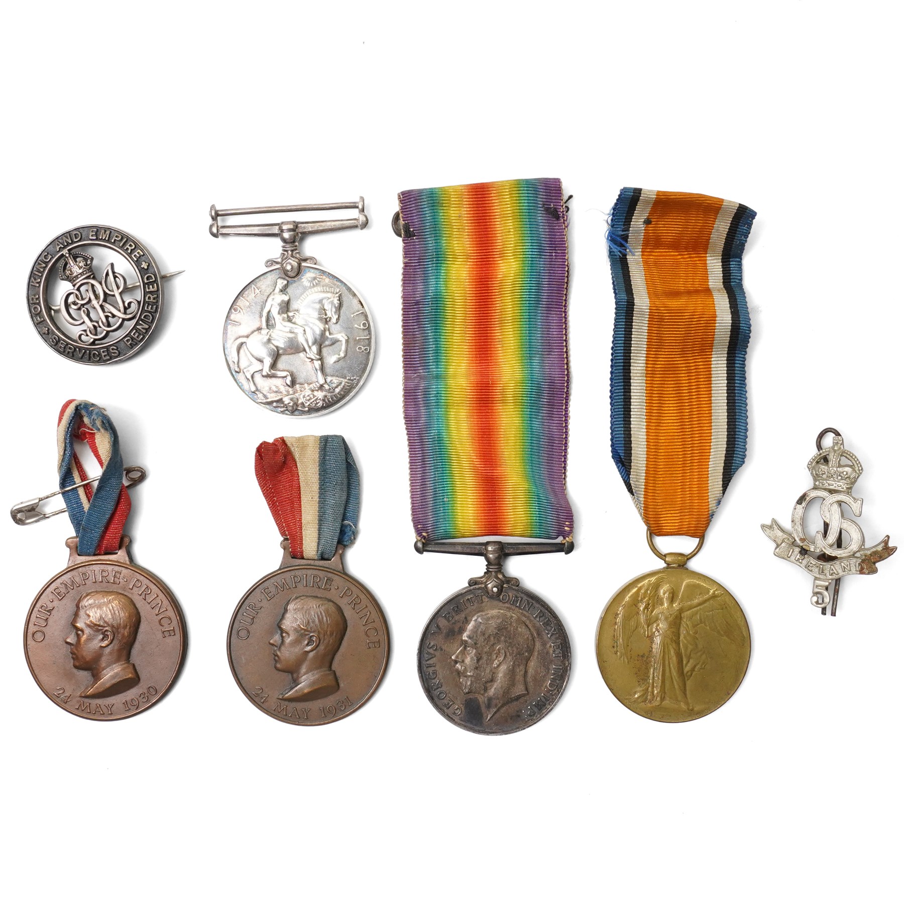 WWI British medal group, comprising War medal and Victory medal, awarded to 19187 Pte C.F.Markham. Linc. R together with war badge, another WWI war medal awarded to M2-099590 Pte W. Jolly A.S.C, and two Empire day medals  