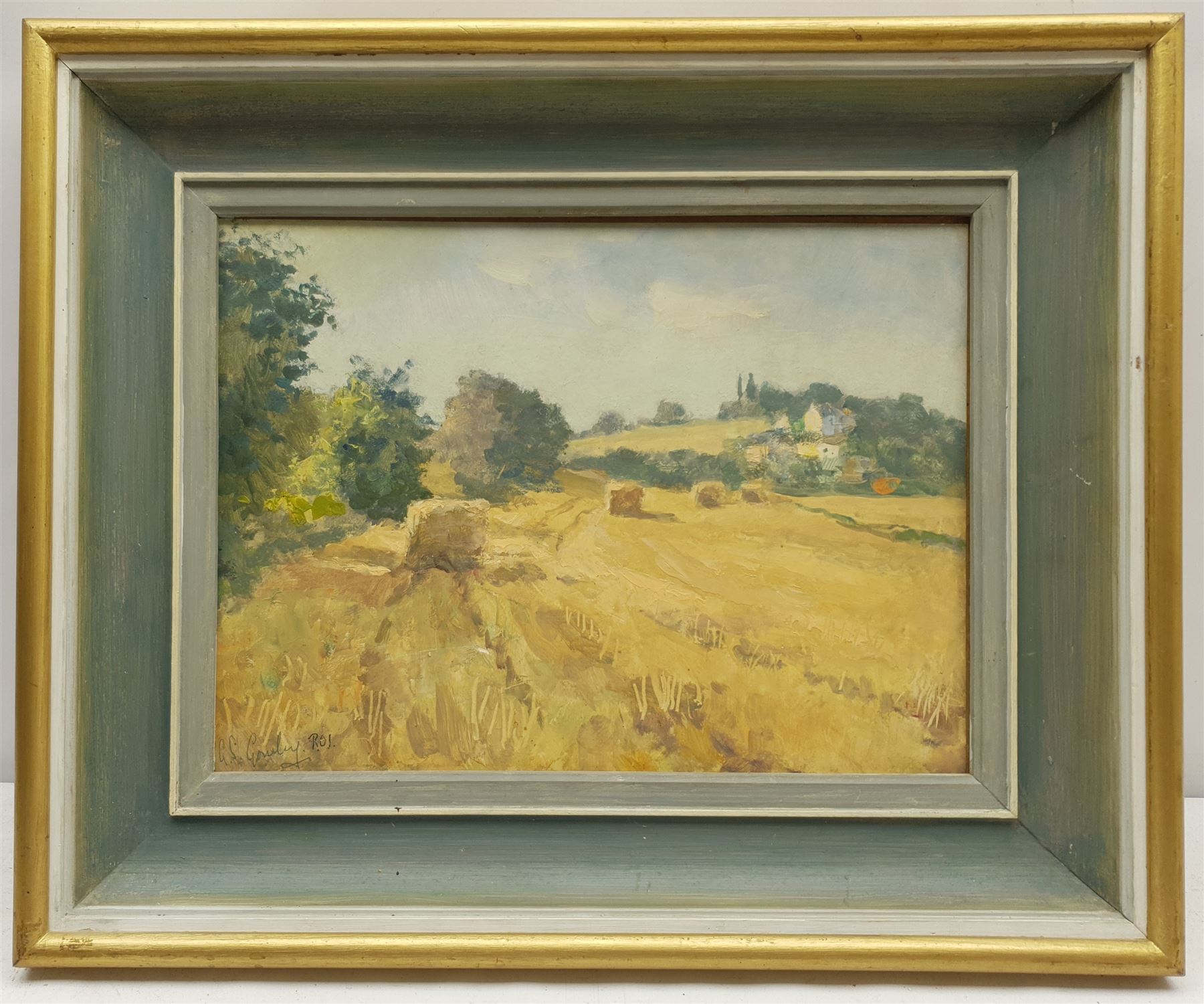 Alan Stenhouse Gourley PROI (Scottish 1909-1991): 'Harvest', oil on board signed, titled on artist's address label verso 25cm x 34cm