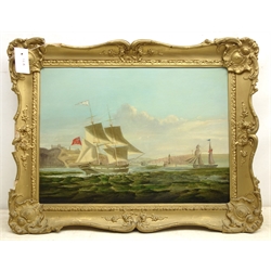  English School (19th Century): Sailing Brig returning to Whitby Harbour, oil on canvas unsigned 39cm x 54cm  