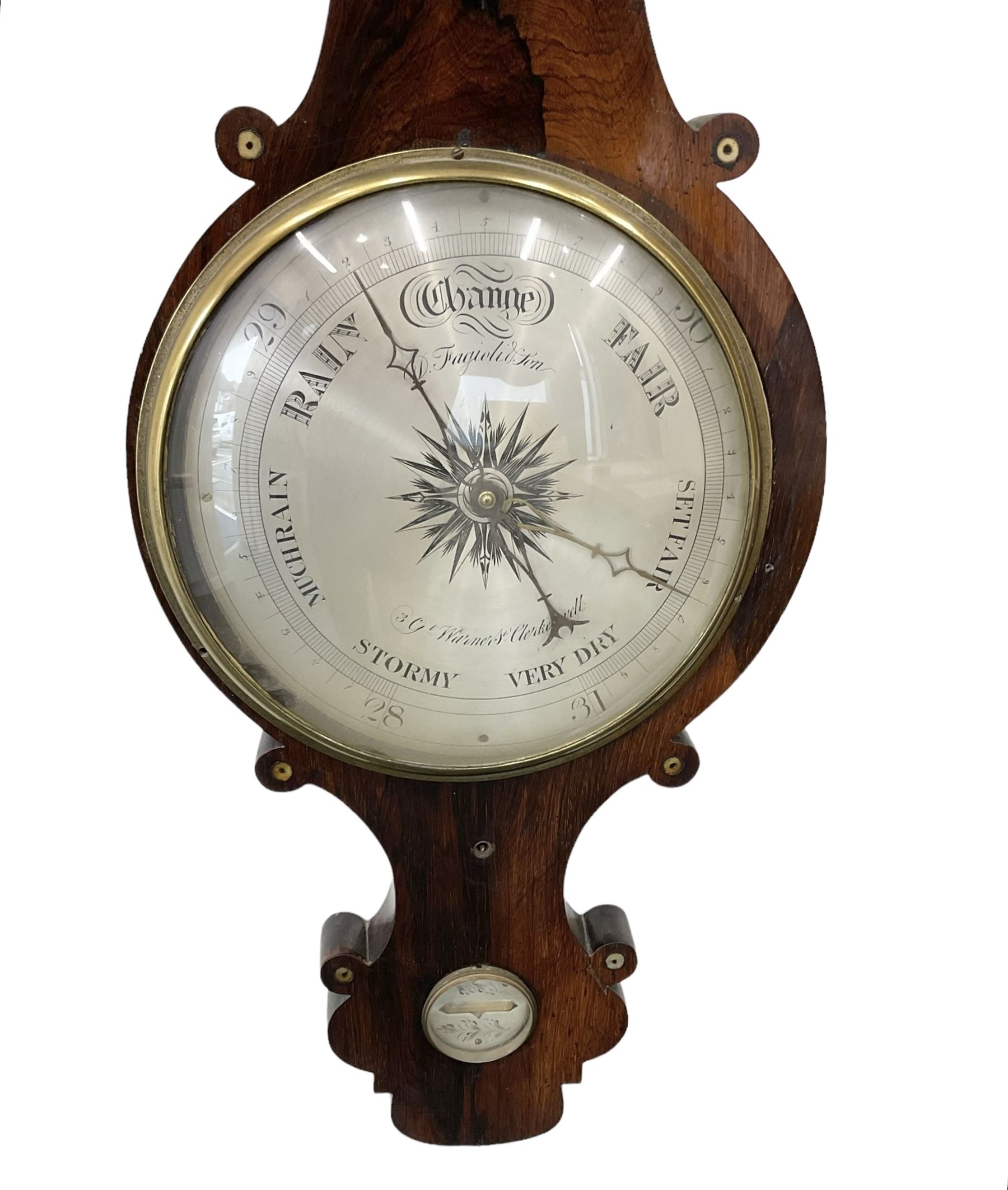 Late 19th century rosewood mercury barometer retailed by G Warners Clerkenwell, with a 10” dial silvered register signed by the Italian maker D Fagioli & son, with hygrometer, level bubble and spirit thermometer, brass recording hand and steel indicating hand.
Mercury tube with counterweights and pulleys intact. Mercury present.