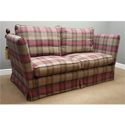  Pair Knole drop arm sofas upholstered in checked fabric, with turned mahogany finish finals, W200cm, H88cm, D100cm  