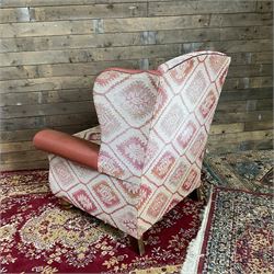 Tetrad Eastwood Wingback Leather Kilim Armchairs Brown with footstool,