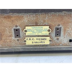 1930s Marconi model 296 valve radio, with Bakelite knobs and trim and 'M' over speaker fret, H40cm W46cm D27cm, together with 1930s Ferguson 702 valve radio with Bakelite knobs, H47cm